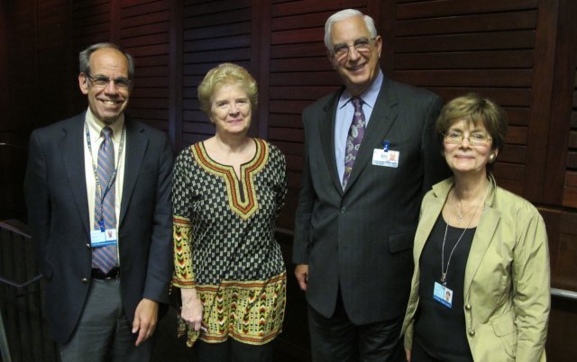 L to R: Panelists Leonard Rubenstein and Martha Davis with Dr. Edward D. Miller, CEO of Johns Hopkins Medicine and Dr. Ruth Faden, Director of Berman Institute of Bioethics.